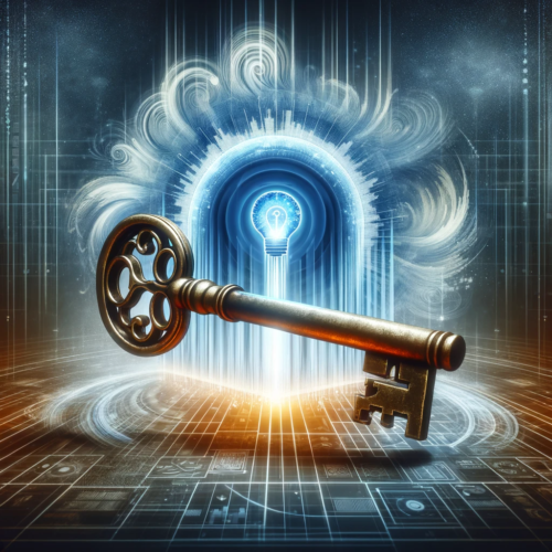 An antique key unlocking a radiant, digital representation of a news broadcast, set against a complex, abstract background.